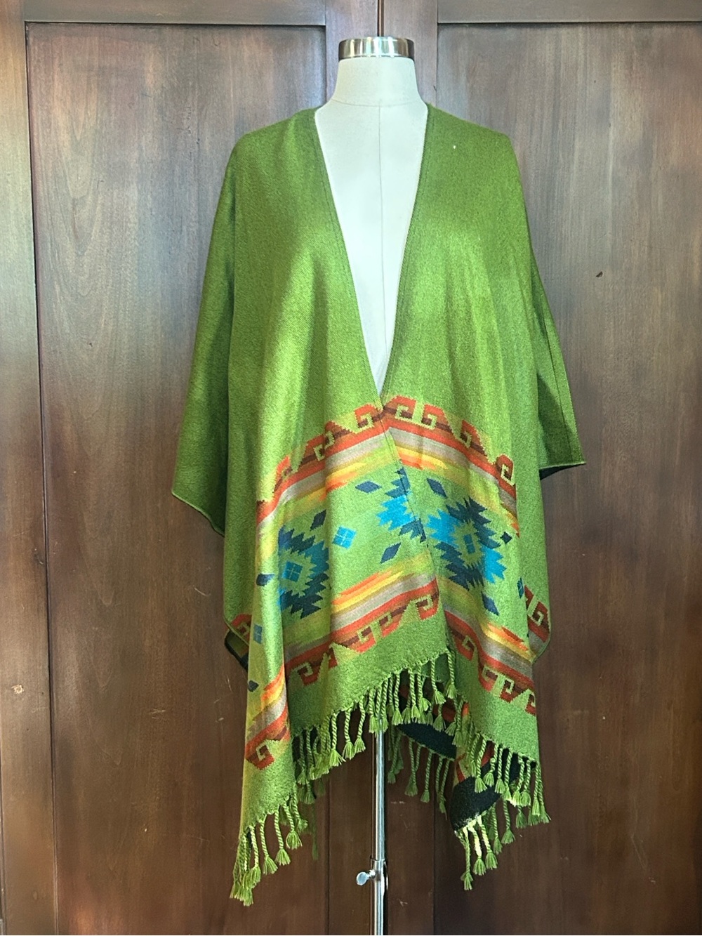 Green Gray Southwestern Woven Fringe Poncho OS